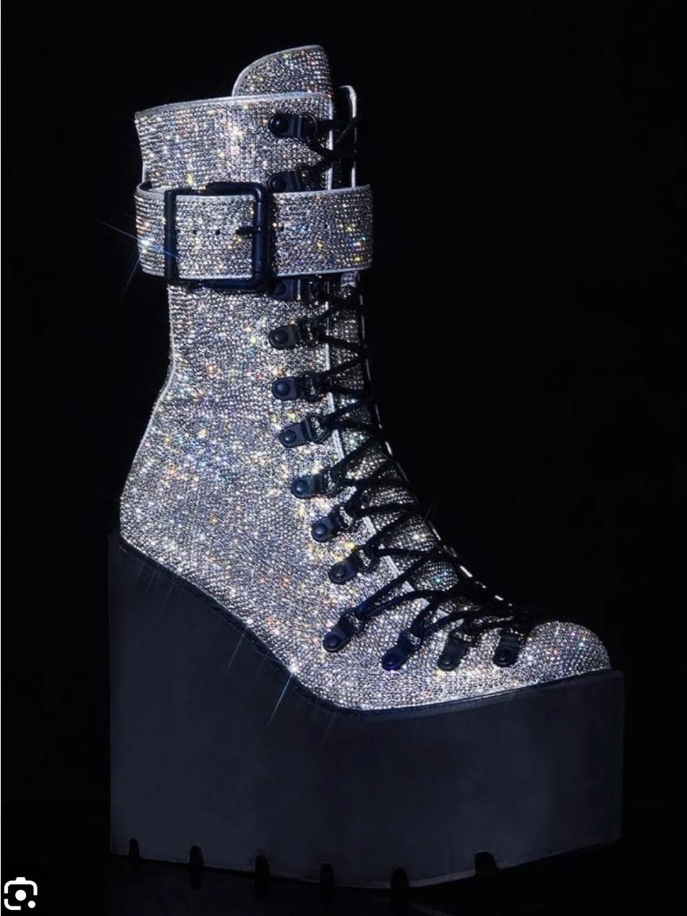 Dolls Kill Silver Crystal Lace-Up Platform Boots with Ankle Strap